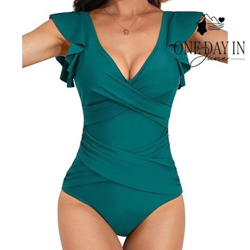 B2Prity Ruffle Cutout V Neck One Piece Swimsuit Teal NWT Size M